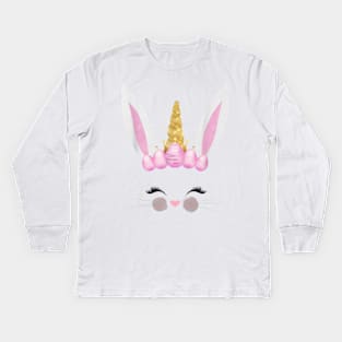 Girls Unicorn Easter Bunny Face Bunnicorn Egg Hunt Kids Long Sleeve T-Shirt